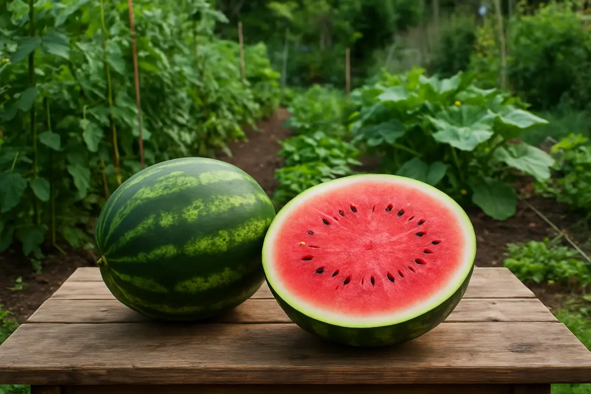 A ripe watermelon cut open on a wooden table in the garden