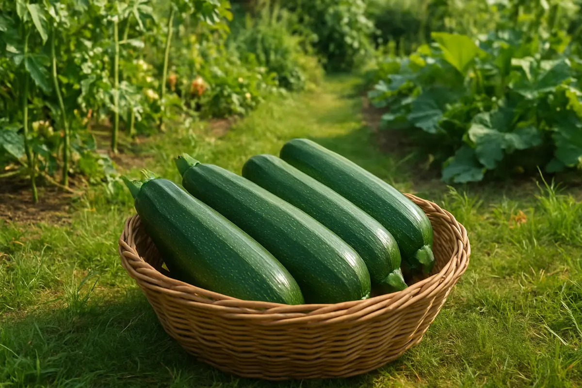 Freshly picked zucchini in a basket on the grass