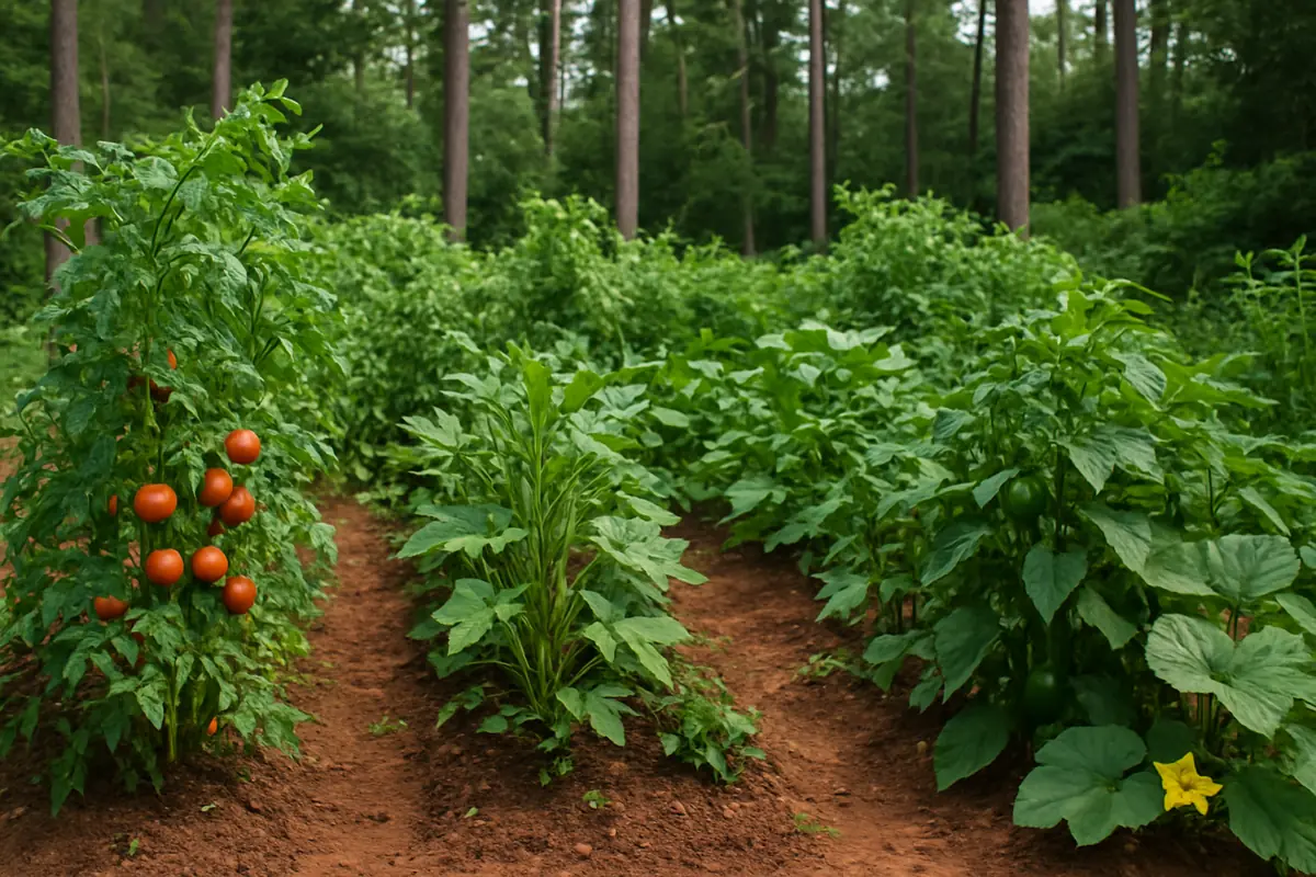 Summer vegetable beds full of tomatoes, okra, peppers and squash in a backyard garden in the humid Deep South, with tall loblolly pines and red clay soil