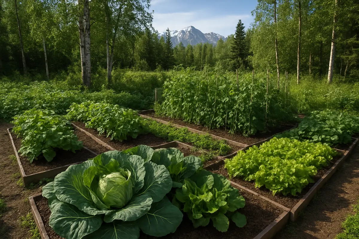 Summer vegetable beds full of cabbage, potatoes, peas and lettuce in a backyard garden in south-central Alaska, with birch and spruce trees and distant snow-capped mountains