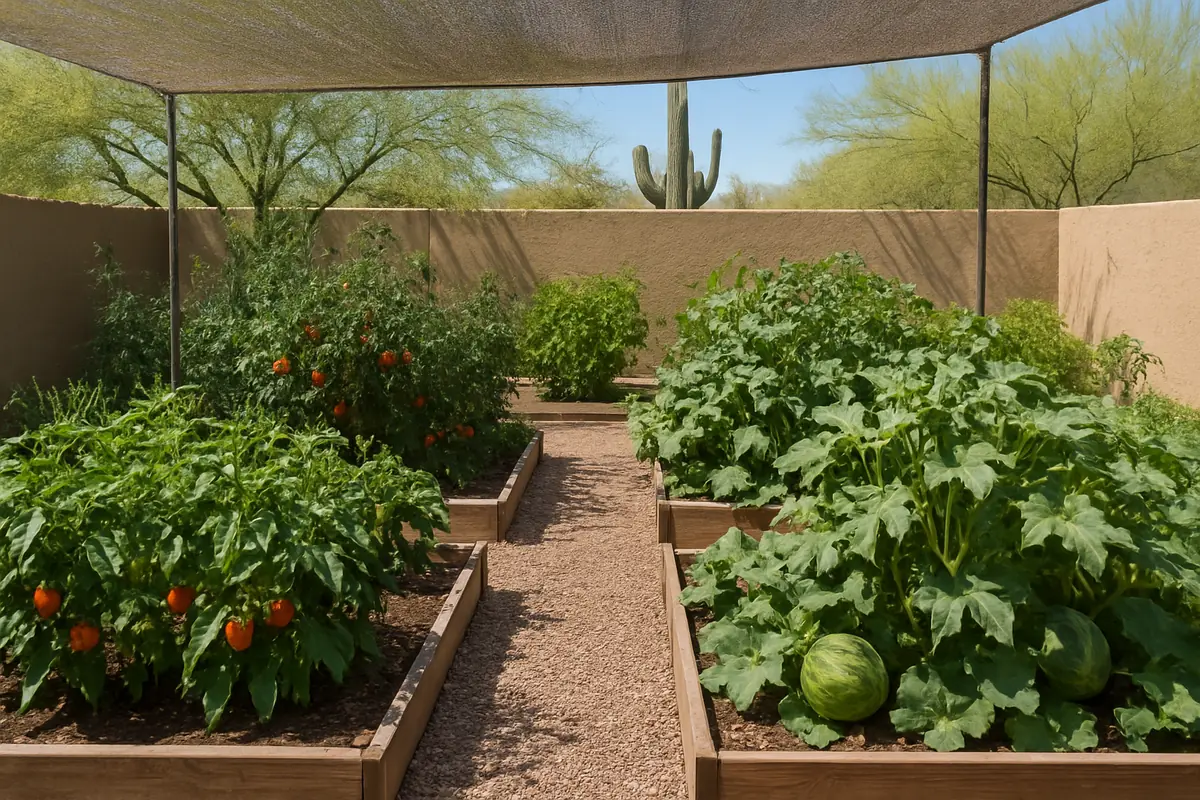 Summer vegetable beds full of peppers, melons, okra and tomatoes under shade cloth in a backyard garden in the Sonoran desert, with a stucco wall, gravel paths, palo verde trees and saguaro cacti beyond