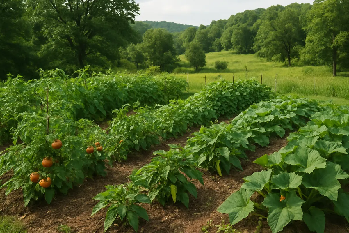 Summer vegetable beds full of tomatoes, peppers, green beans and squash in a backyard garden in the Ozark foothills, with oak and hickory woods and rolling green hills