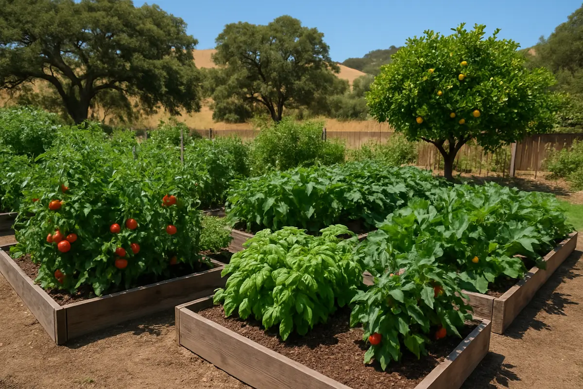 Summer vegetable beds full of tomatoes, peppers, zucchini and basil in a backyard garden in a sunny California backyard, with golden hills, live oaks and a citrus tree