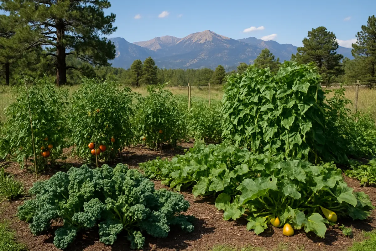 Summer vegetable beds full of tomatoes, beans, squash and kale in a backyard garden in the Colorado Front Range, with ponderosa pines and the Rocky Mountains on the horizon