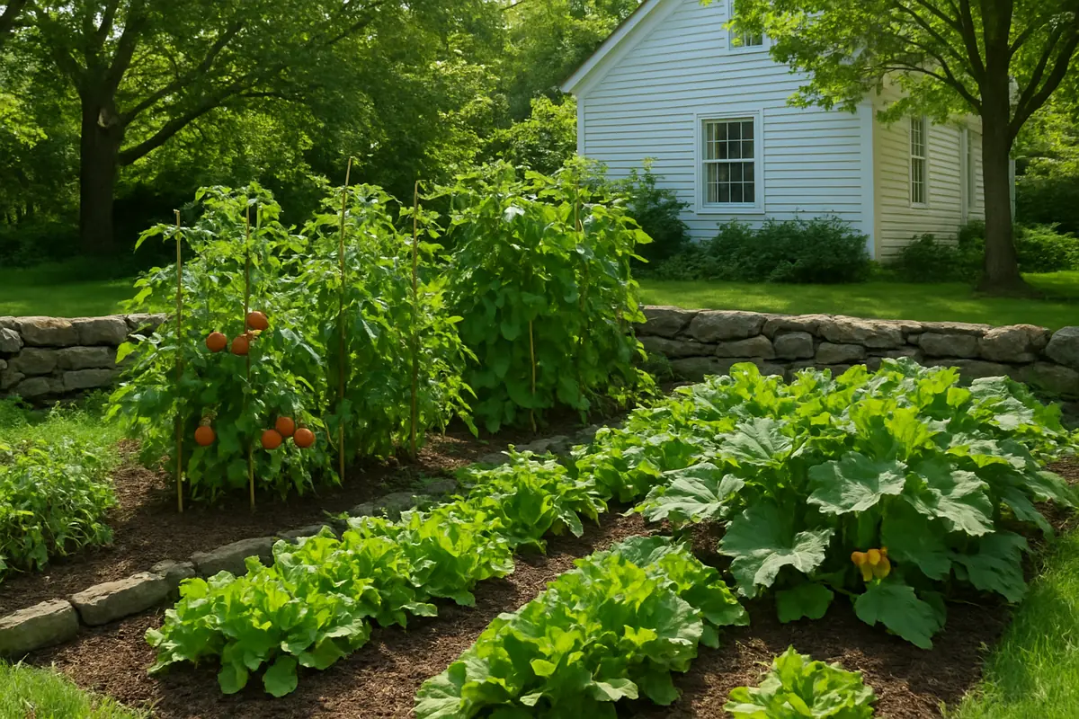 Summer vegetable beds full of tomatoes, beans, lettuce and squash in a backyard garden in coastal New England, with a stone wall, maples and a white clapboard house