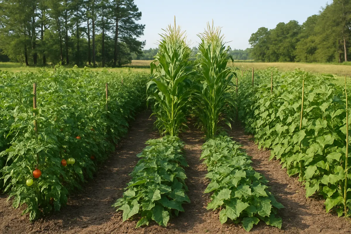Summer vegetable beds full of tomatoes, sweet corn, beans and cucumbers in a backyard garden in the flat Delmarva coastal plain, with loblolly pines and farm fields
