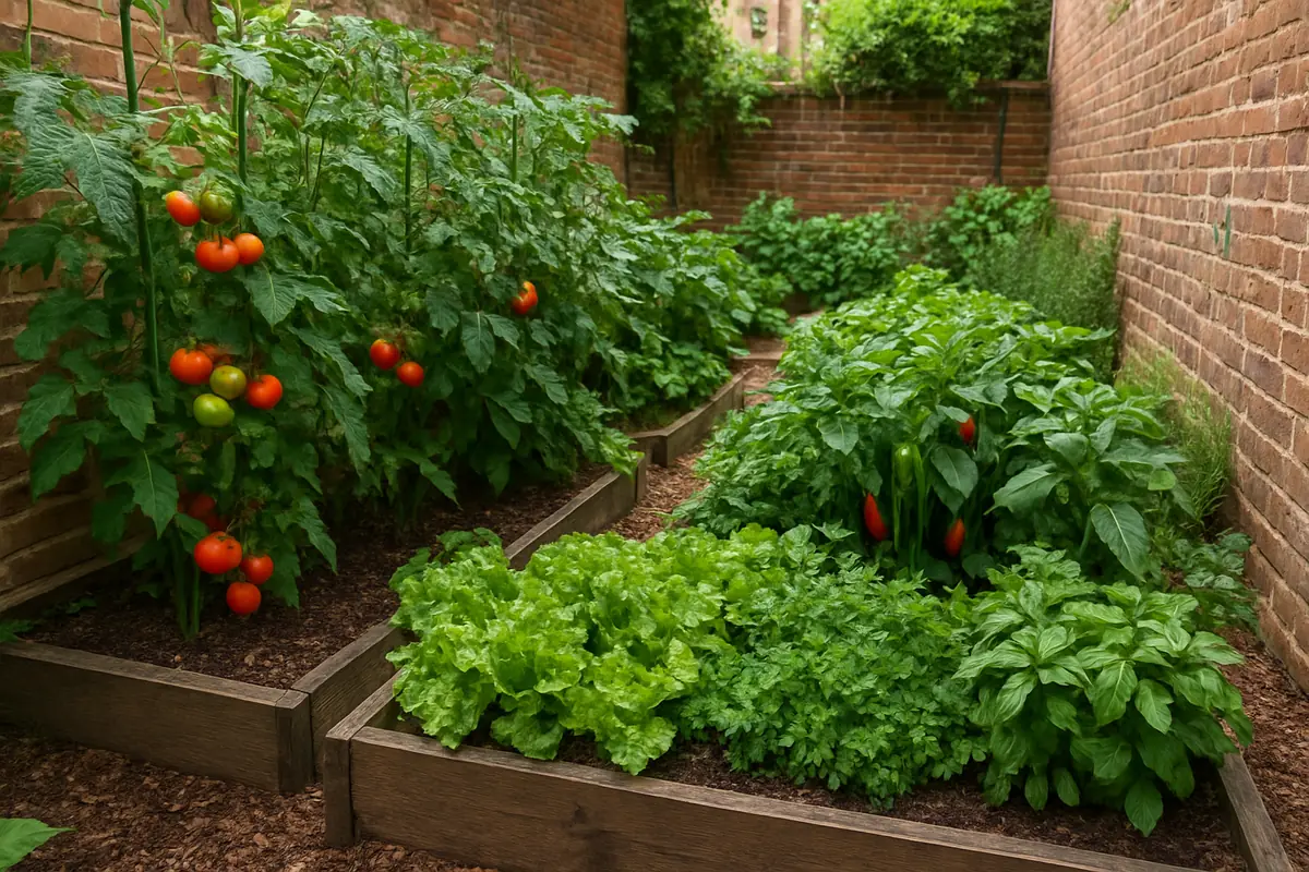 Summer vegetable beds full of tomatoes, peppers, herbs and lettuce in a backyard garden in a Washington DC rowhouse backyard, with brick walls and a small raised bed