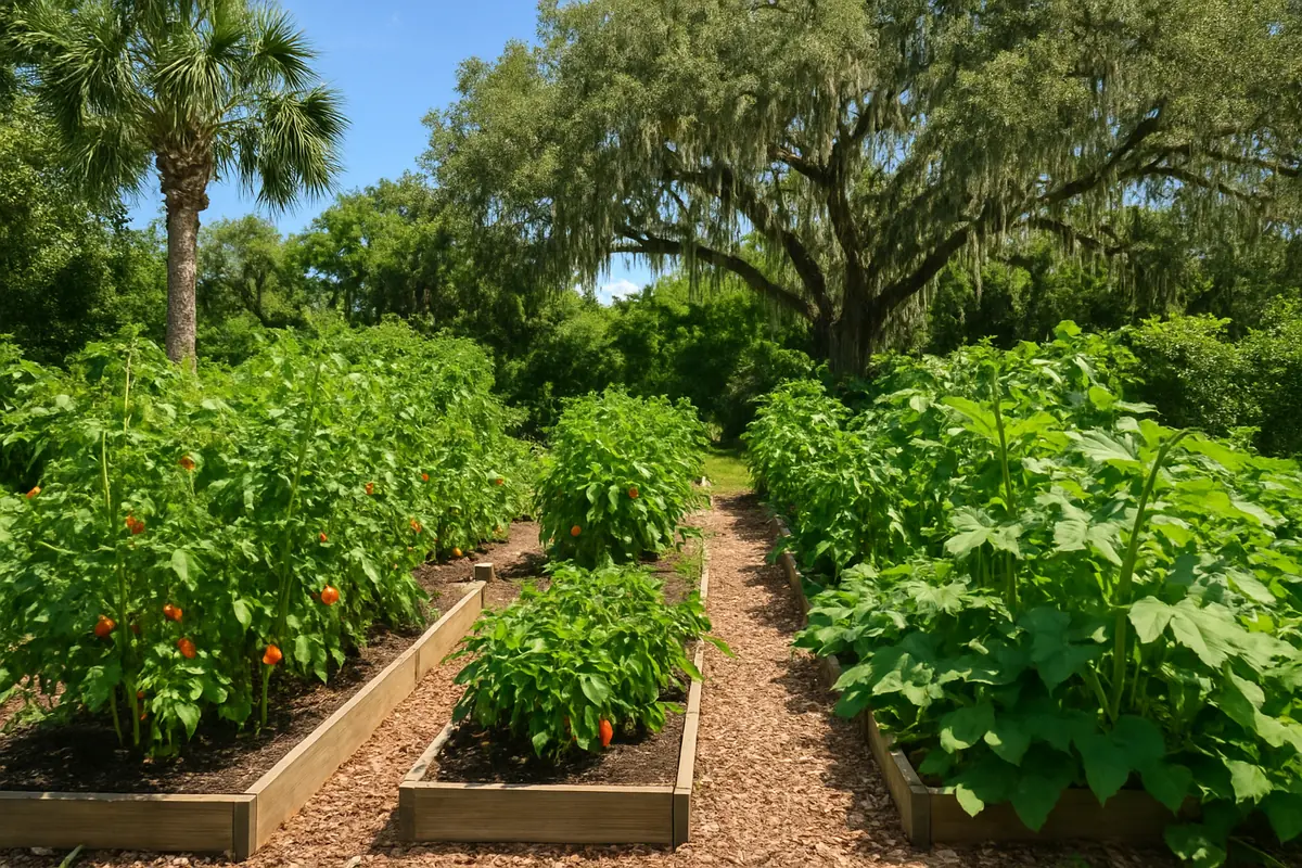 Summer vegetable beds full of tomatoes, peppers, okra and sweet potatoes in a backyard garden in a Florida backyard, with palms, live oaks draped in Spanish moss and bright sun