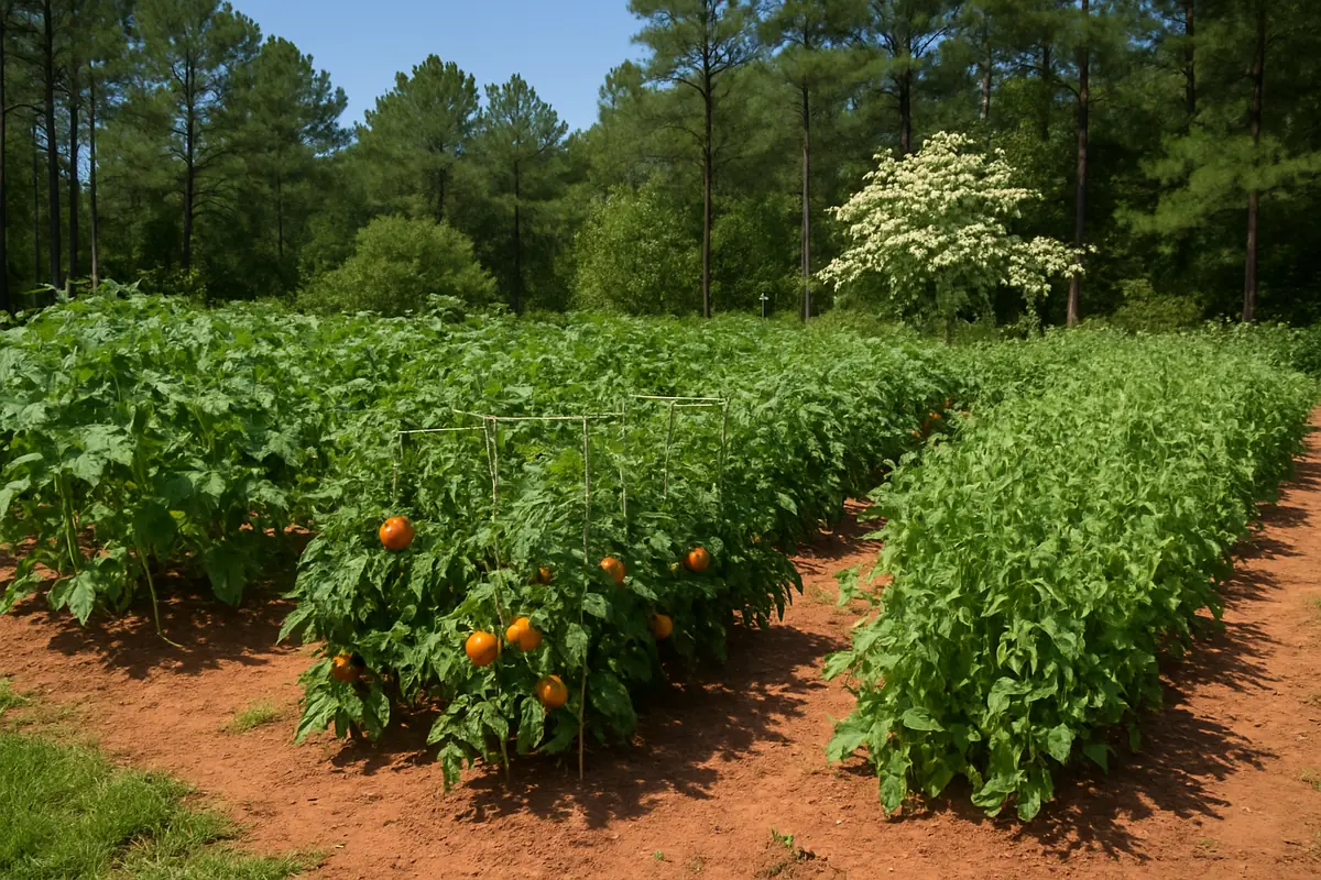 Summer vegetable beds full of tomatoes, okra, peppers and southern peas in a backyard garden in the Georgia Piedmont, with pines, dogwoods and red clay