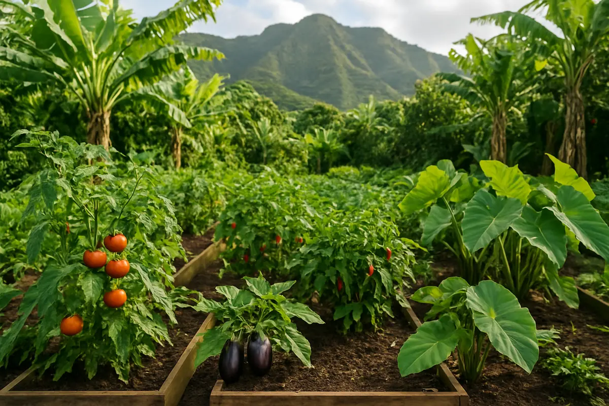 Summer vegetable beds full of tomatoes, eggplant, peppers and taro in a backyard garden in a Hawaiian backyard, with lush tropical plants, banana trees and green volcanic mountains