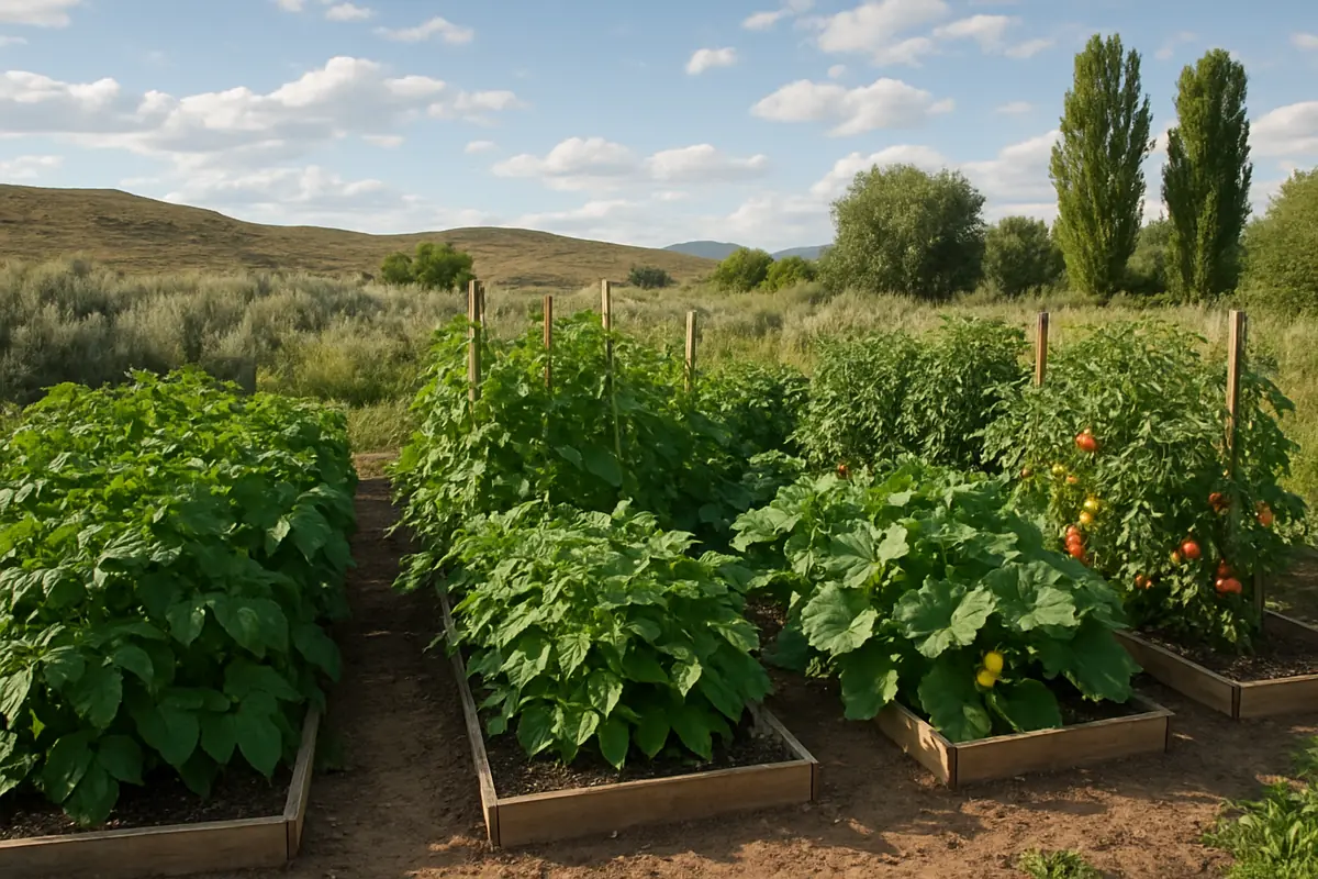 Summer vegetable beds full of potatoes, beans, squash and tomatoes in a backyard garden in southern Idaho, with sagebrush hills, poplars and wide skies