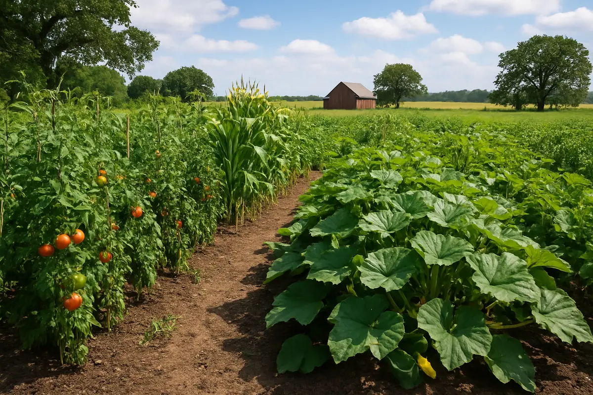 Summer vegetable beds full of tomatoes, sweet corn, beans and squash in a backyard garden in the Illinois prairie, with flat farmland, oaks and a red barn in the distance