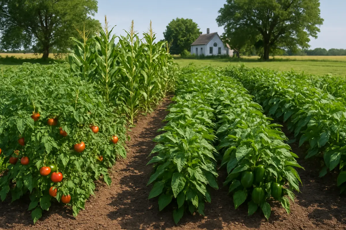Summer vegetable beds full of tomatoes, sweet corn, beans and peppers in a backyard garden in rural Indiana, with flat fields, a farmhouse and hardwood trees