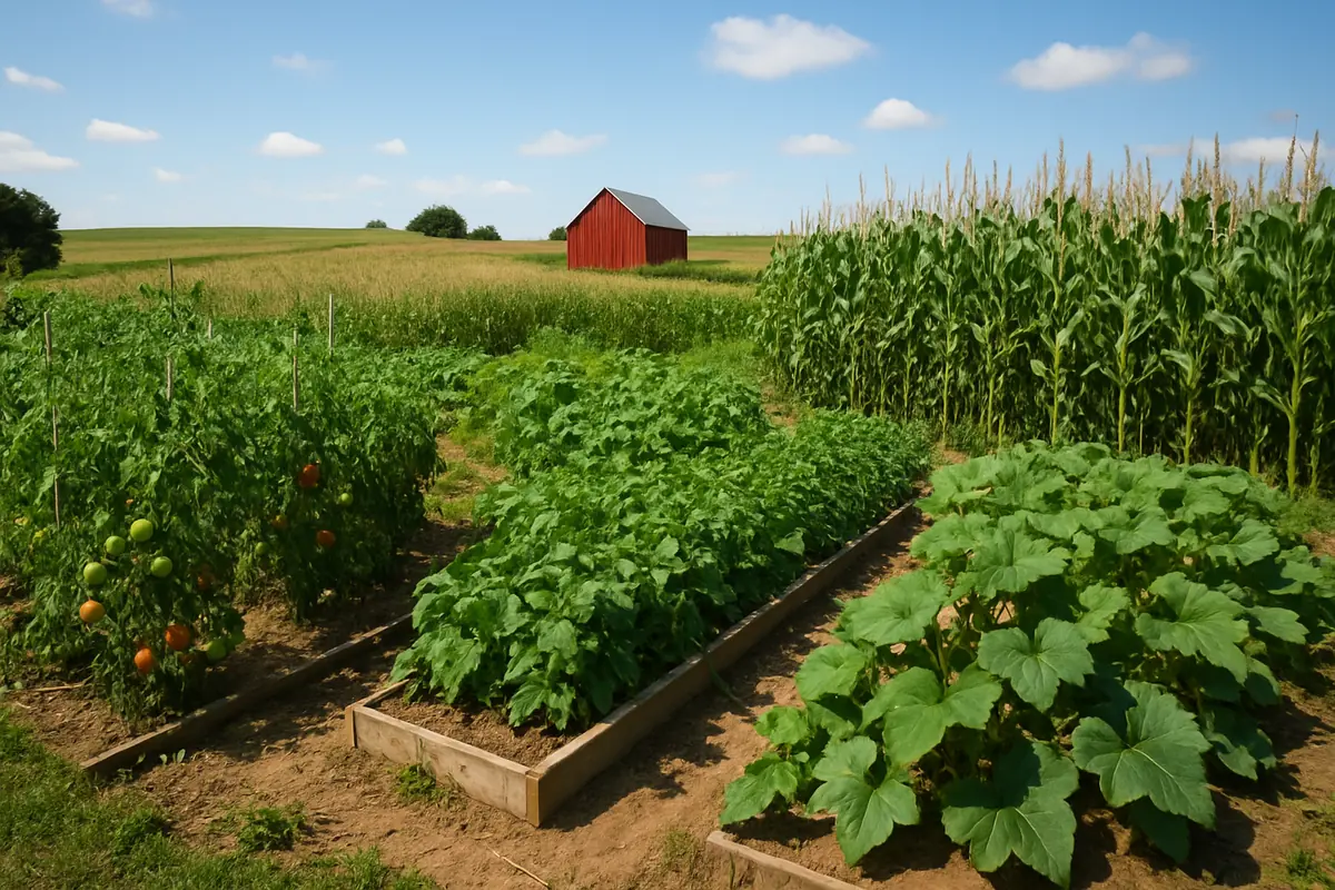 Summer vegetable beds full of tomatoes, sweet corn, beans and squash in a backyard garden in rural Iowa, with rolling cornfields, a red barn and big sky