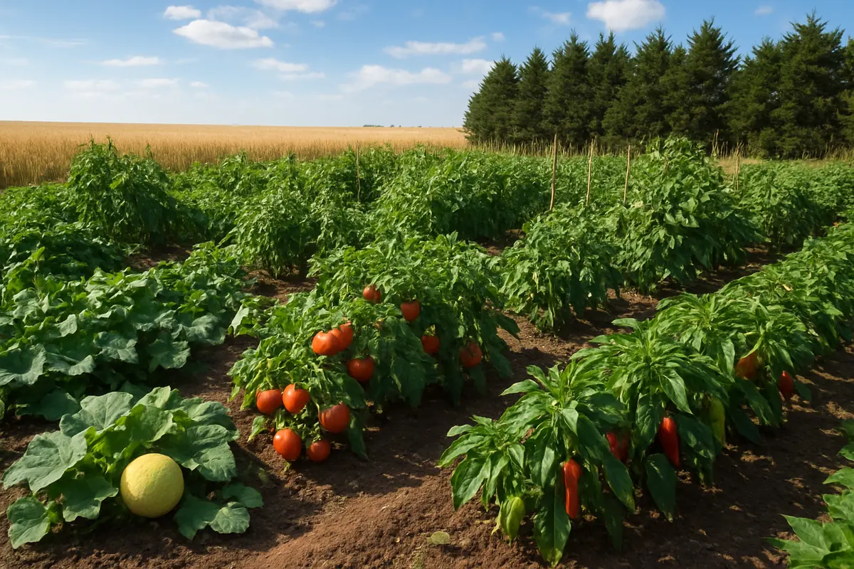 Summer vegetable beds full of tomatoes, peppers, beans and melons in a backyard garden in the Kansas plains, with wheat fields, a windbreak of cedars and big sky