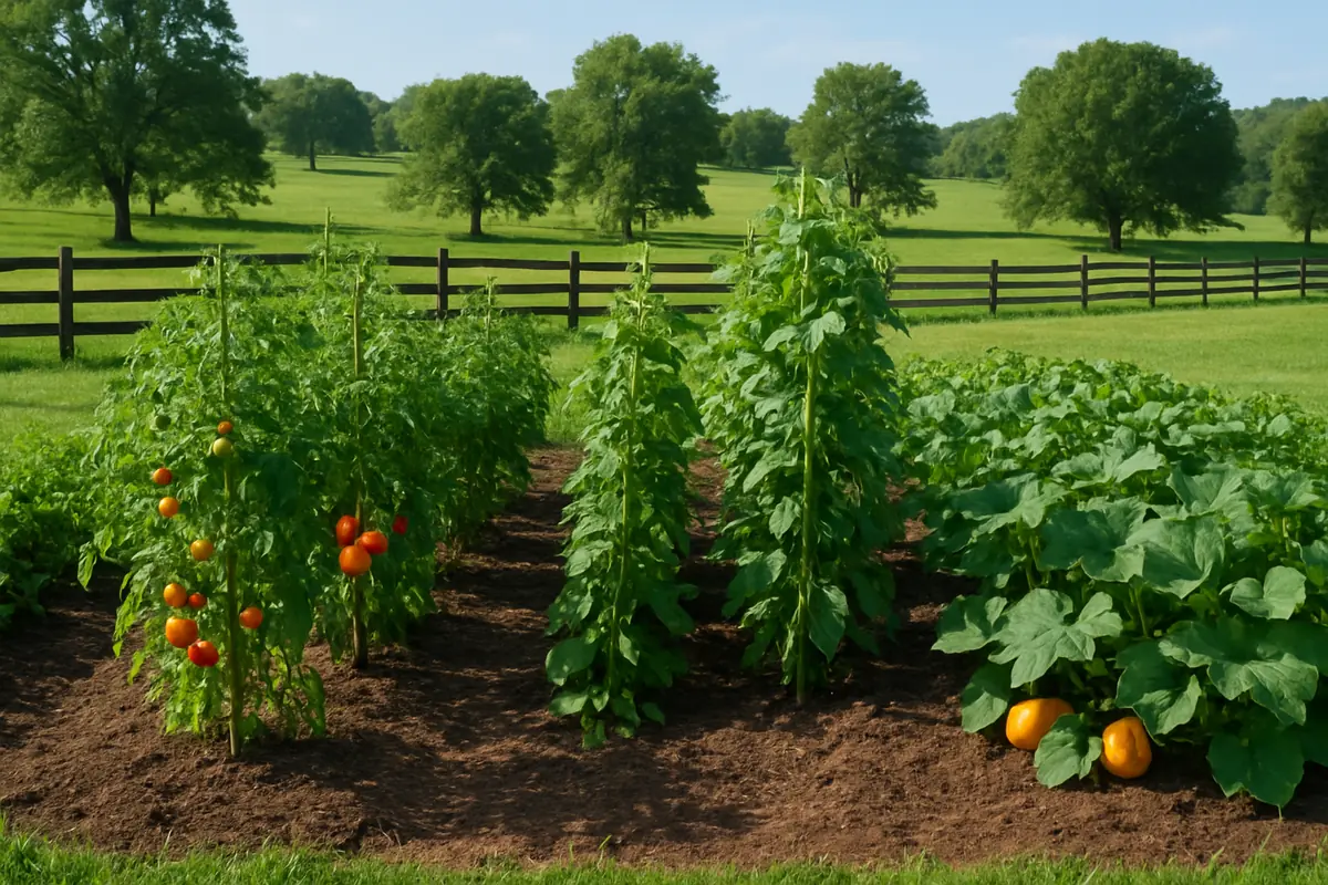 Summer vegetable beds full of tomatoes, pole beans, peppers and squash in a backyard garden in the Kentucky Bluegrass, with rolling pastures, board fences and hardwoods