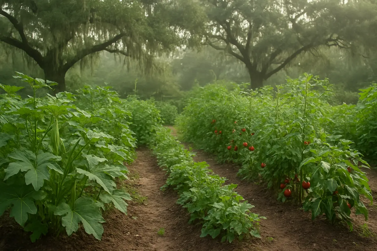 Summer vegetable beds full of okra, tomatoes, peppers and southern peas in a backyard garden in south Louisiana, with live oaks, Spanish moss and humid haze
