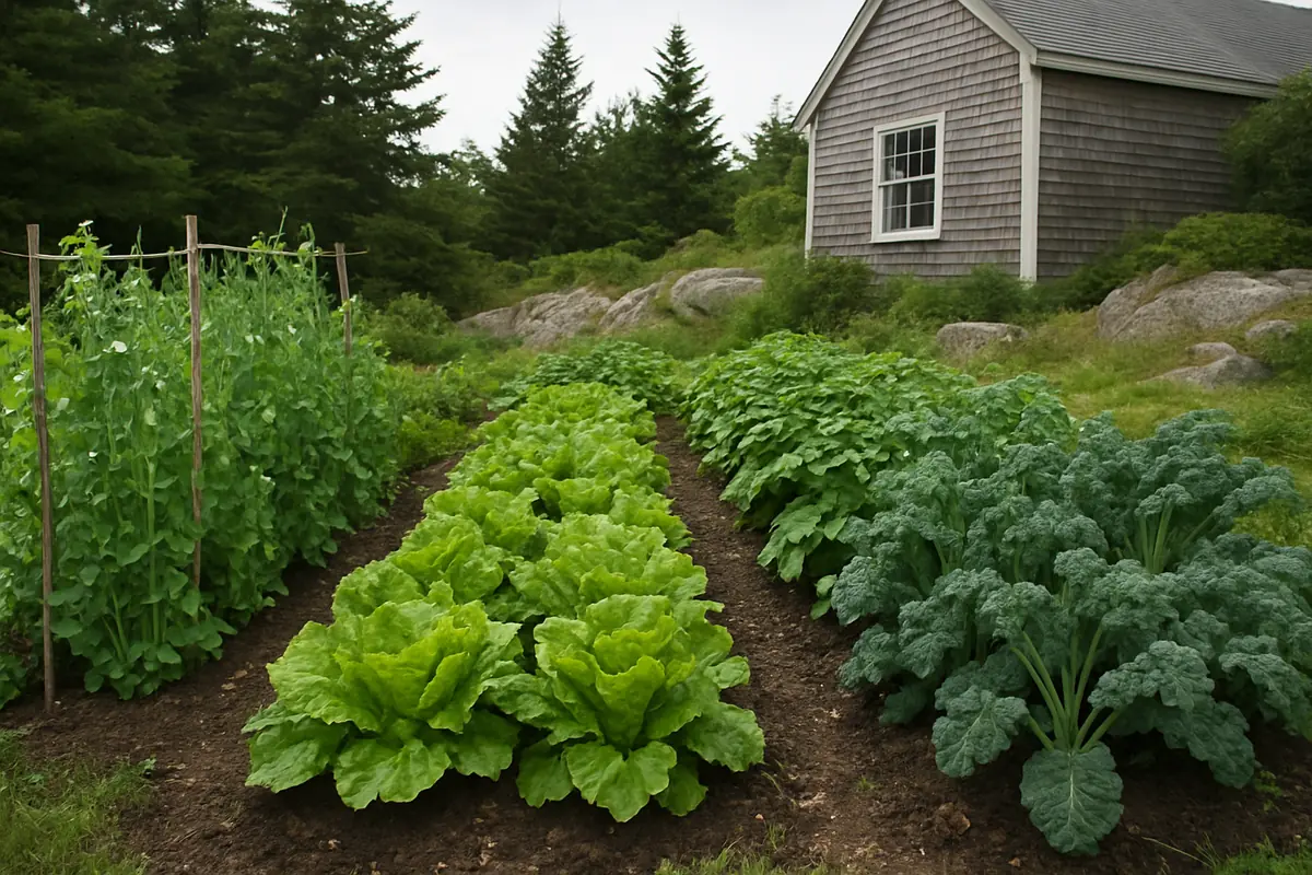 Summer vegetable beds full of peas, lettuce, potatoes and kale in a backyard garden in coastal Maine, with spruce and fir trees, granite rocks and a cedar-shingled house