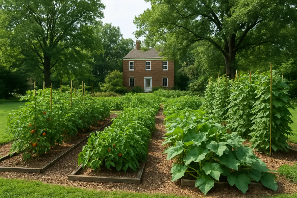 Summer vegetable beds full of tomatoes, beans, peppers and cucumbers in a backyard garden in the Maryland Piedmont, with tulip poplars, oaks and a brick colonial house