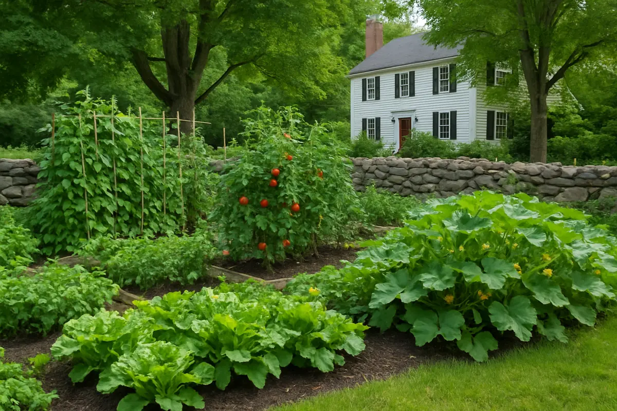 Summer vegetable beds full of tomatoes, beans, squash and lettuce in a backyard garden in New England, with a fieldstone wall, maples and a colonial house