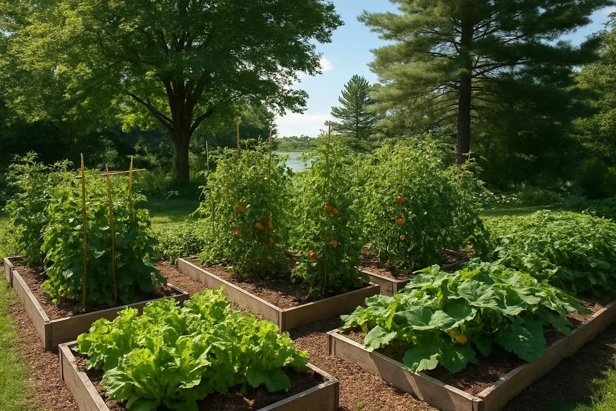 Summer vegetable beds full of tomatoes, beans, squash and lettuce in a backyard garden in the Great Lakes region, with maples, white pines and a lake glinting in the distance