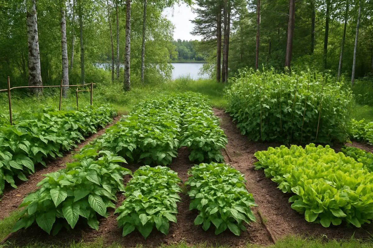 Summer vegetable beds full of beans, peas, potatoes and lettuce in a backyard garden in northern Minnesota, with birches, pines and a lake in the distance