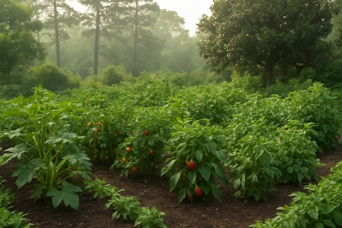 Summer vegetable beds full of okra, tomatoes, peppers and southern peas in a backyard garden in the Mississippi countryside, with pines, magnolias and humid haze