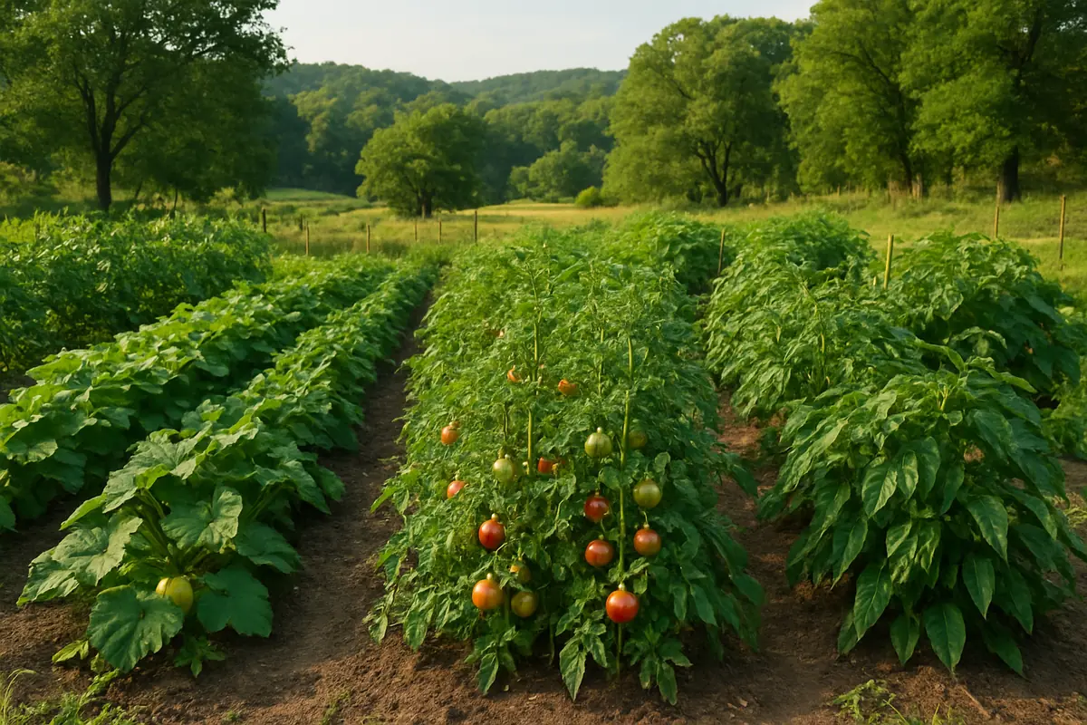 Summer vegetable beds full of tomatoes, peppers, beans and squash in a backyard garden in the Missouri countryside, with oak-hickory woods and rolling hills