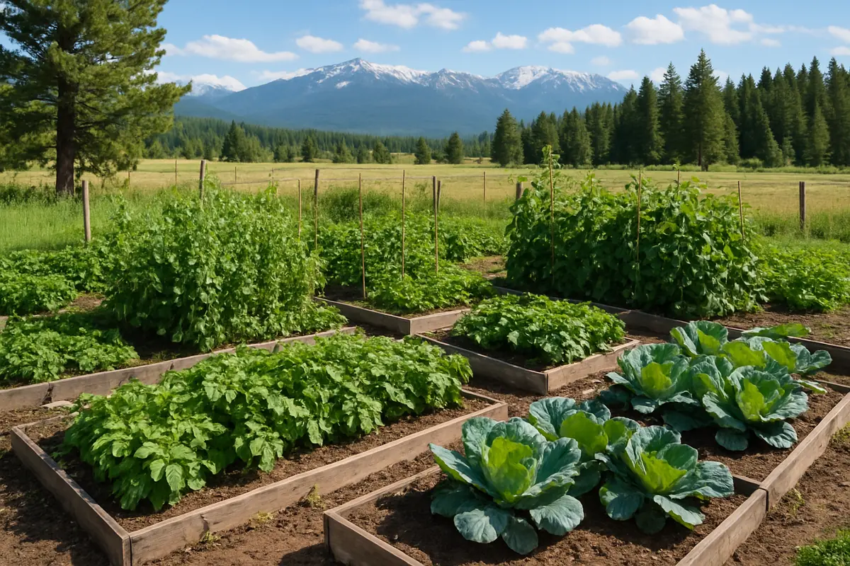 Summer vegetable beds full of potatoes, peas, beans and cabbage in a backyard garden in western Montana, with wide valleys, pines and snow-dusted mountains