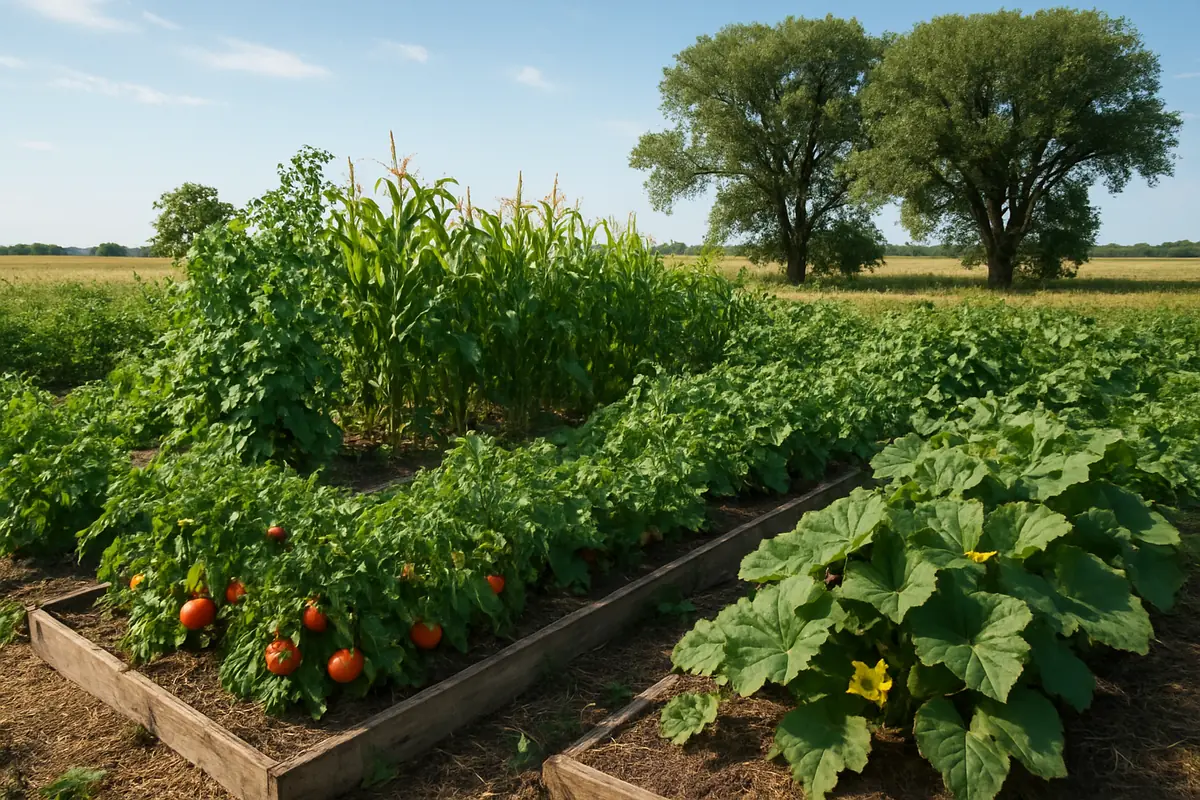 Summer vegetable beds full of tomatoes, sweet corn, beans and squash in a backyard garden in the Nebraska plains, with farm fields, cottonwoods and big sky
