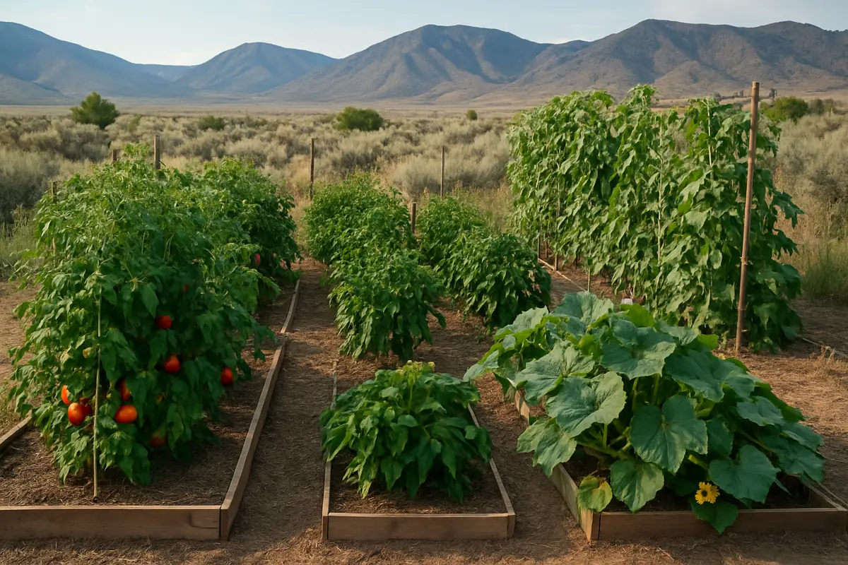 Summer vegetable beds full of tomatoes, squash, peppers and beans in a backyard garden in the high desert of northern Nevada, with sagebrush and dry mountains