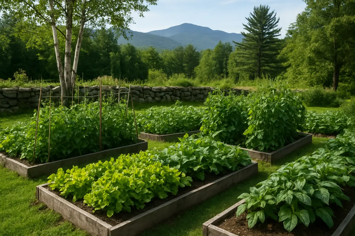 Summer vegetable beds full of peas, beans, lettuce and potatoes in a backyard garden in New Hampshire, with birches, pines, a stone wall and the White Mountains beyond