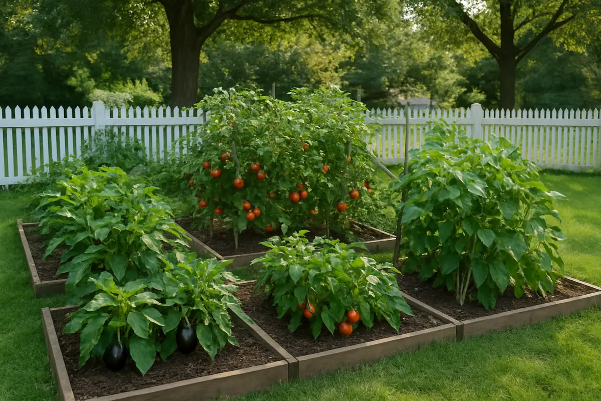 Summer vegetable beds full of tomatoes, peppers, eggplant and beans in a backyard garden in a New Jersey suburban backyard, with oaks, a picket fence and lush lawn