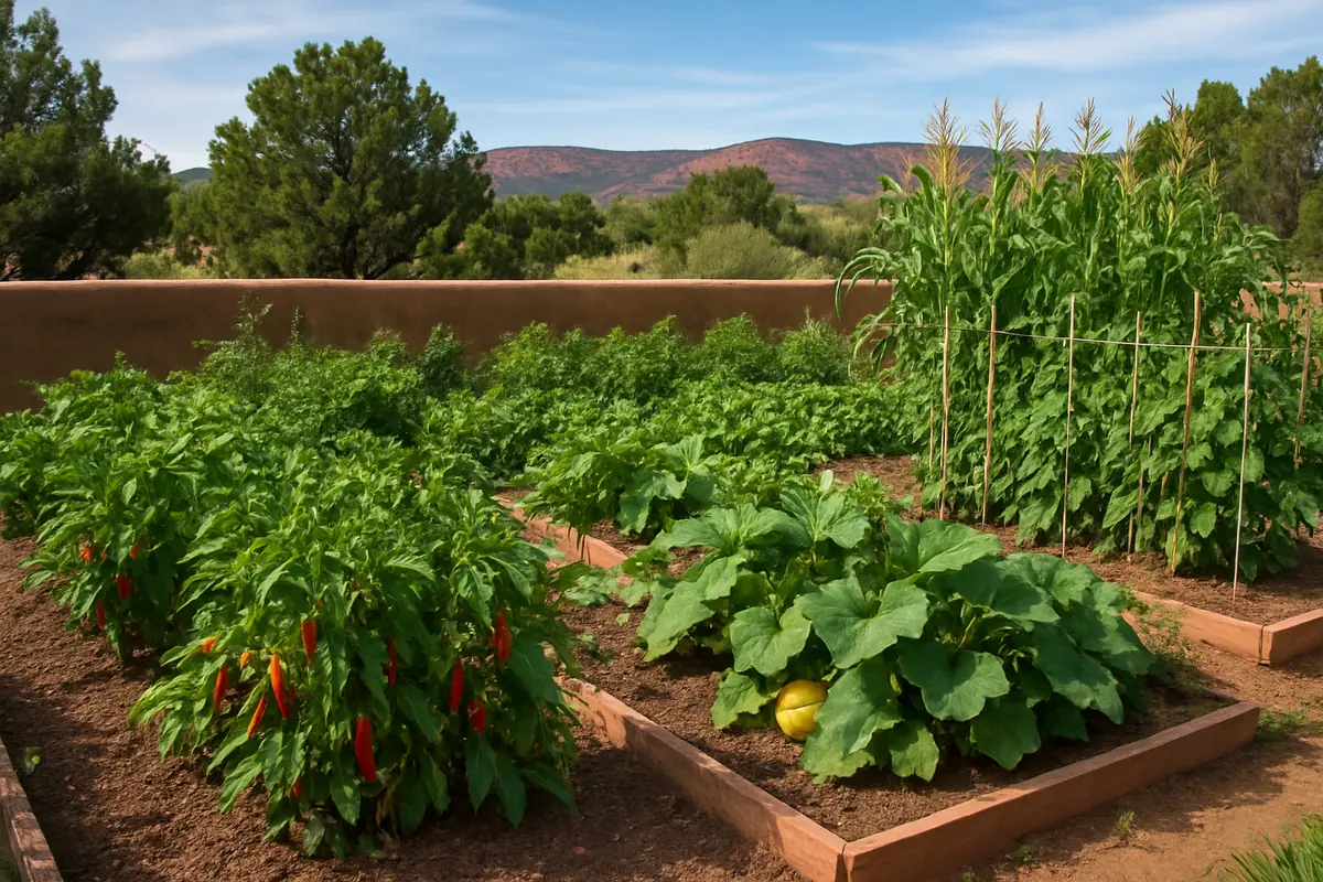 Summer vegetable beds full of chile peppers, squash, beans and corn in a backyard garden in northern New Mexico, with an adobe wall, pinon and juniper and red mesas