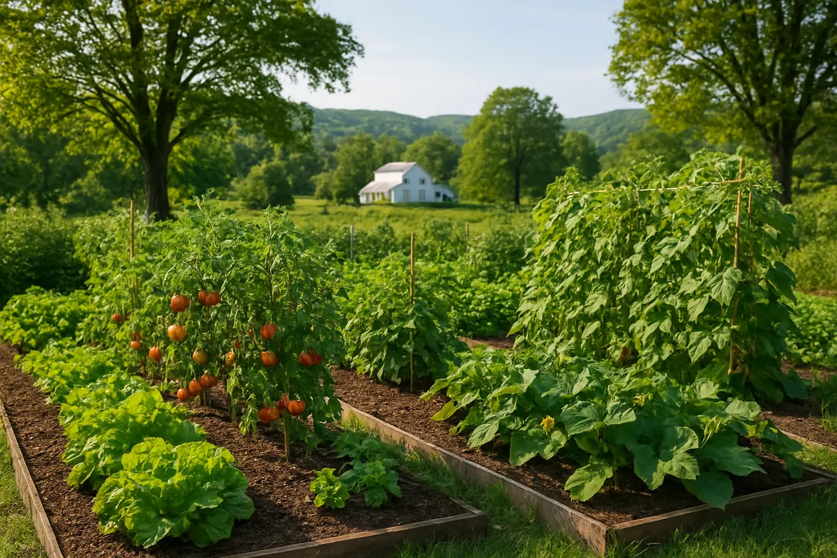 Summer vegetable beds full of tomatoes, beans, squash and lettuce in a backyard garden in upstate New York, with maples, rolling hills and a farmhouse