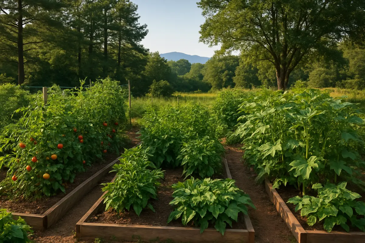 Summer vegetable beds full of tomatoes, peppers, okra and beans in a backyard garden in the North Carolina Piedmont, with pines, oaks and the Blue Ridge faint in the distance
