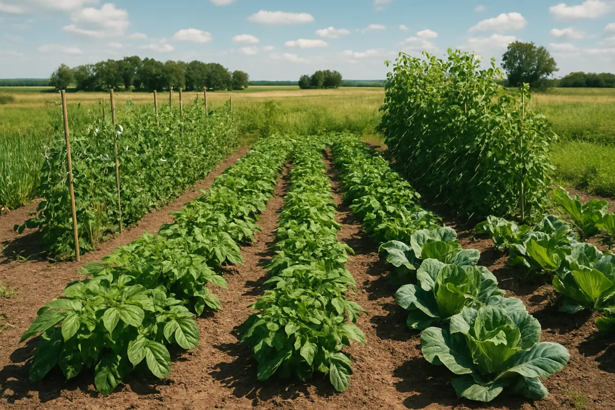 Summer vegetable beds full of potatoes, peas, beans and cabbage in a backyard garden in the North Dakota prairie, with a farmstead windbreak and endless sky