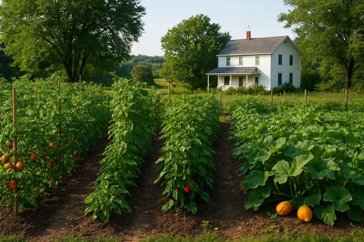 Summer vegetable beds full of tomatoes, beans, peppers and squash in a backyard garden in rural Ohio, with hardwoods, a farmhouse and gentle hills