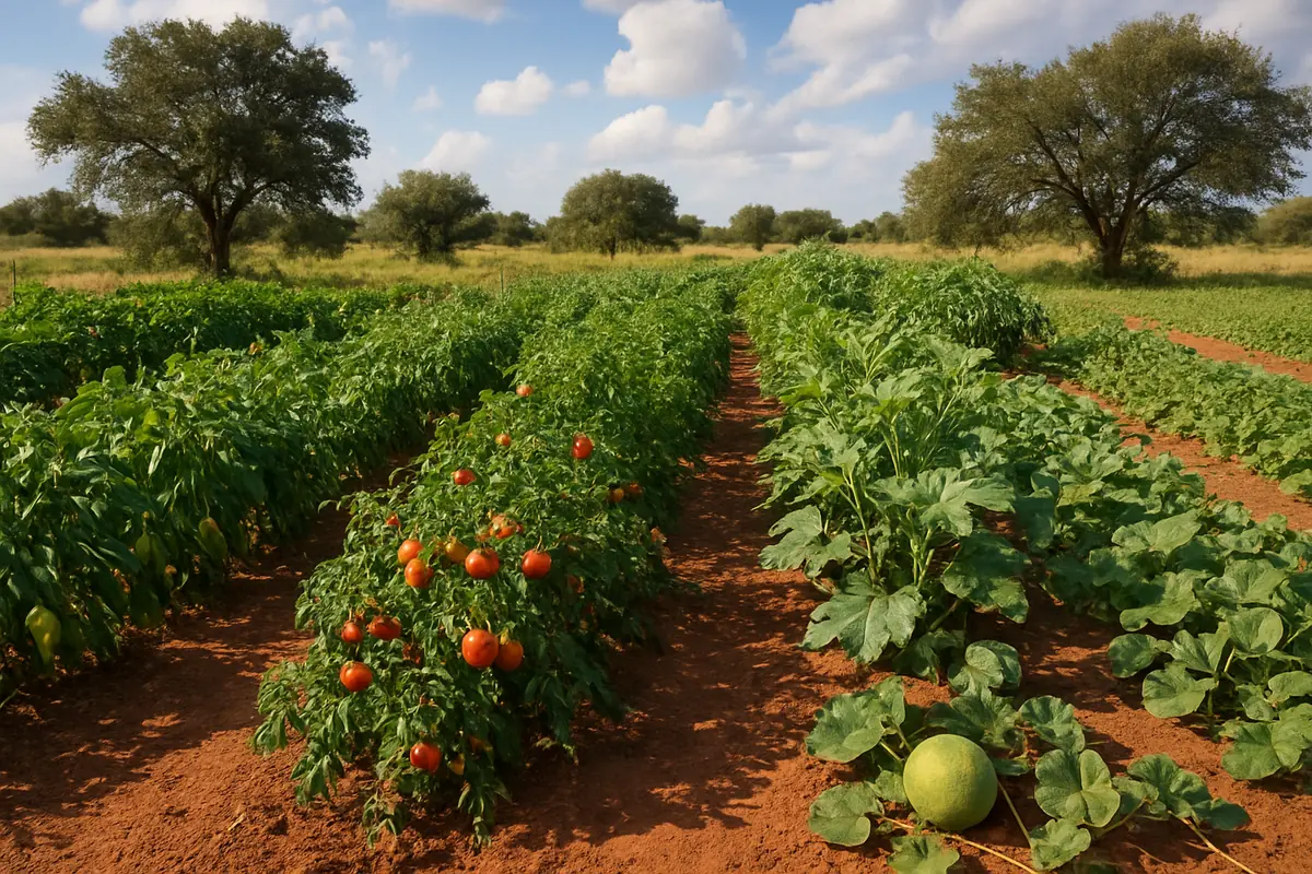 Summer vegetable beds full of tomatoes, peppers, okra and melons in a backyard garden in the Oklahoma plains, with red soil, post oaks and big sky