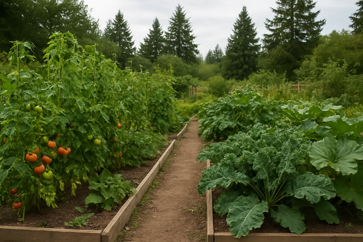 Summer vegetable beds full of tomatoes, beans, kale and squash in a backyard garden in the Willamette Valley of Oregon, with Douglas firs and soft overcast light