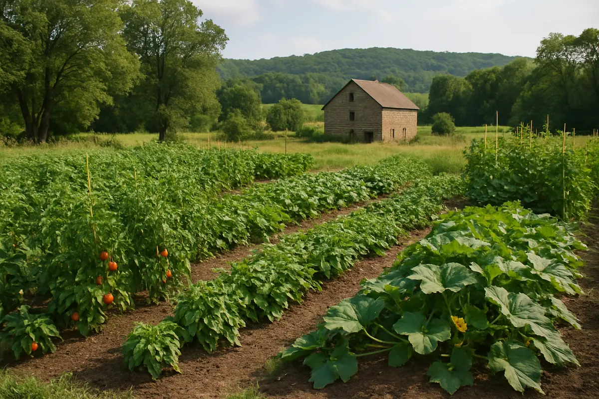 Summer vegetable beds full of tomatoes, beans, peppers and squash in a backyard garden in Pennsylvania farm country, with rolling hills, a stone barn and hardwoods