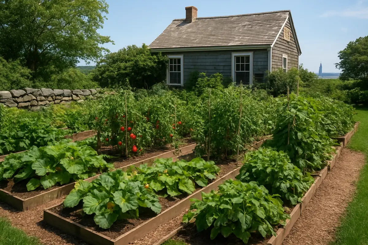 Summer vegetable beds full of tomatoes, beans, lettuce and squash in a backyard garden in coastal Rhode Island, with a shingled cottage, a stone wall and sea light