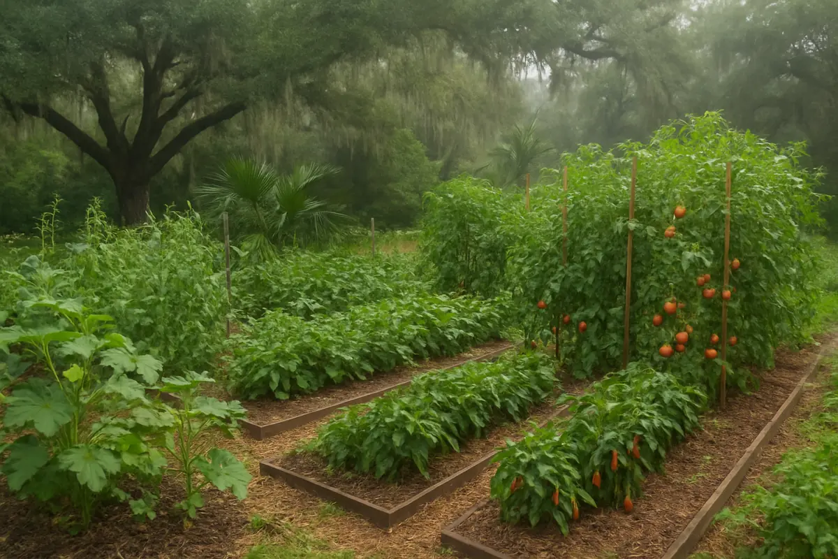 Summer vegetable beds full of tomatoes, okra, peppers and southern peas in a backyard garden in the South Carolina Lowcountry, with live oaks, palmettos and humid haze