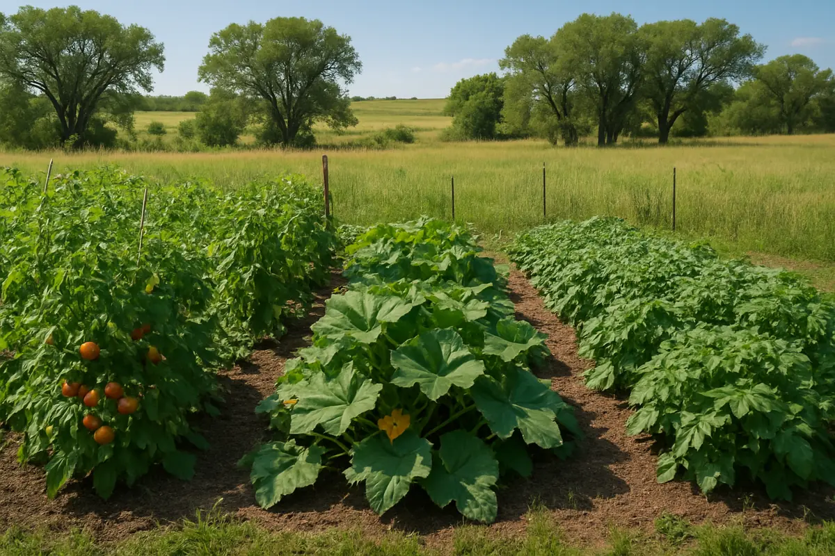Summer vegetable beds full of tomatoes, beans, squash and potatoes in a backyard garden in the South Dakota plains, with rolling grassland and cottonwoods