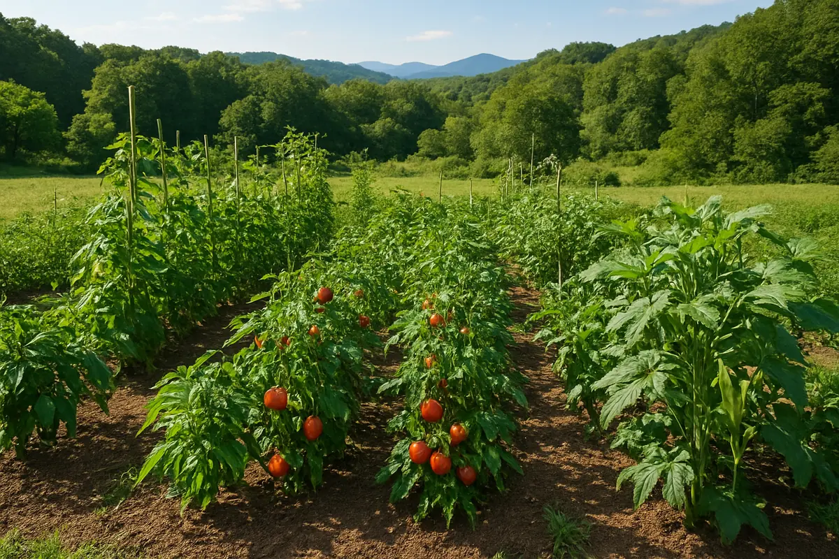 Summer vegetable beds full of tomatoes, pole beans, peppers and okra in a backyard garden in Tennessee, with rolling hills, hardwood forests and the Smokies faint in the distance
