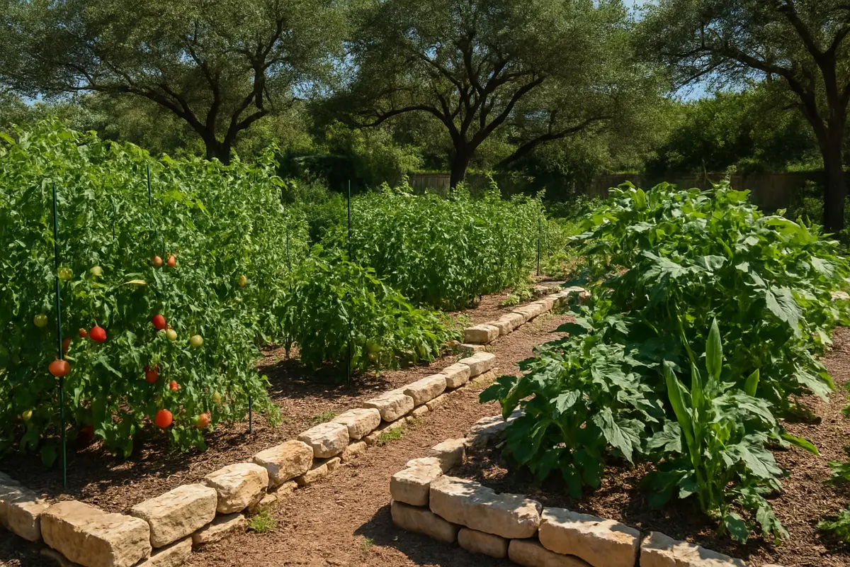 Summer vegetable beds full of tomatoes, peppers, okra and southern peas in a backyard garden in central Texas, with live oaks, limestone and bright sun