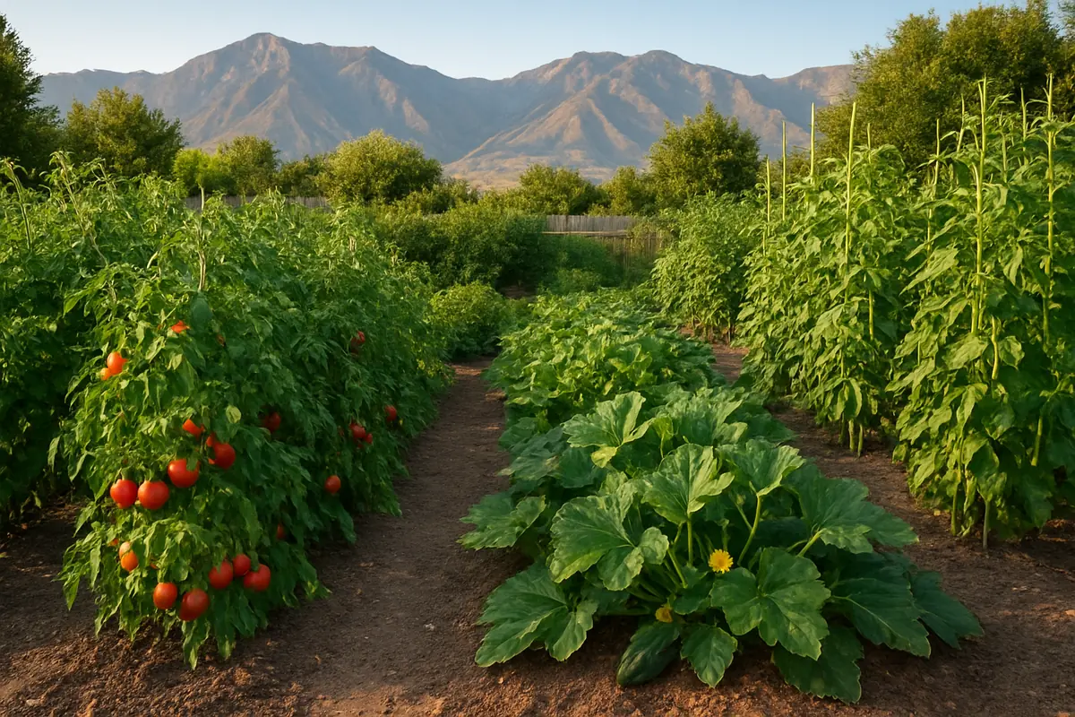 Summer vegetable beds full of tomatoes, squash, peppers and beans in a backyard garden in northern Utah, with the Wasatch Mountains beyond and dry summer light