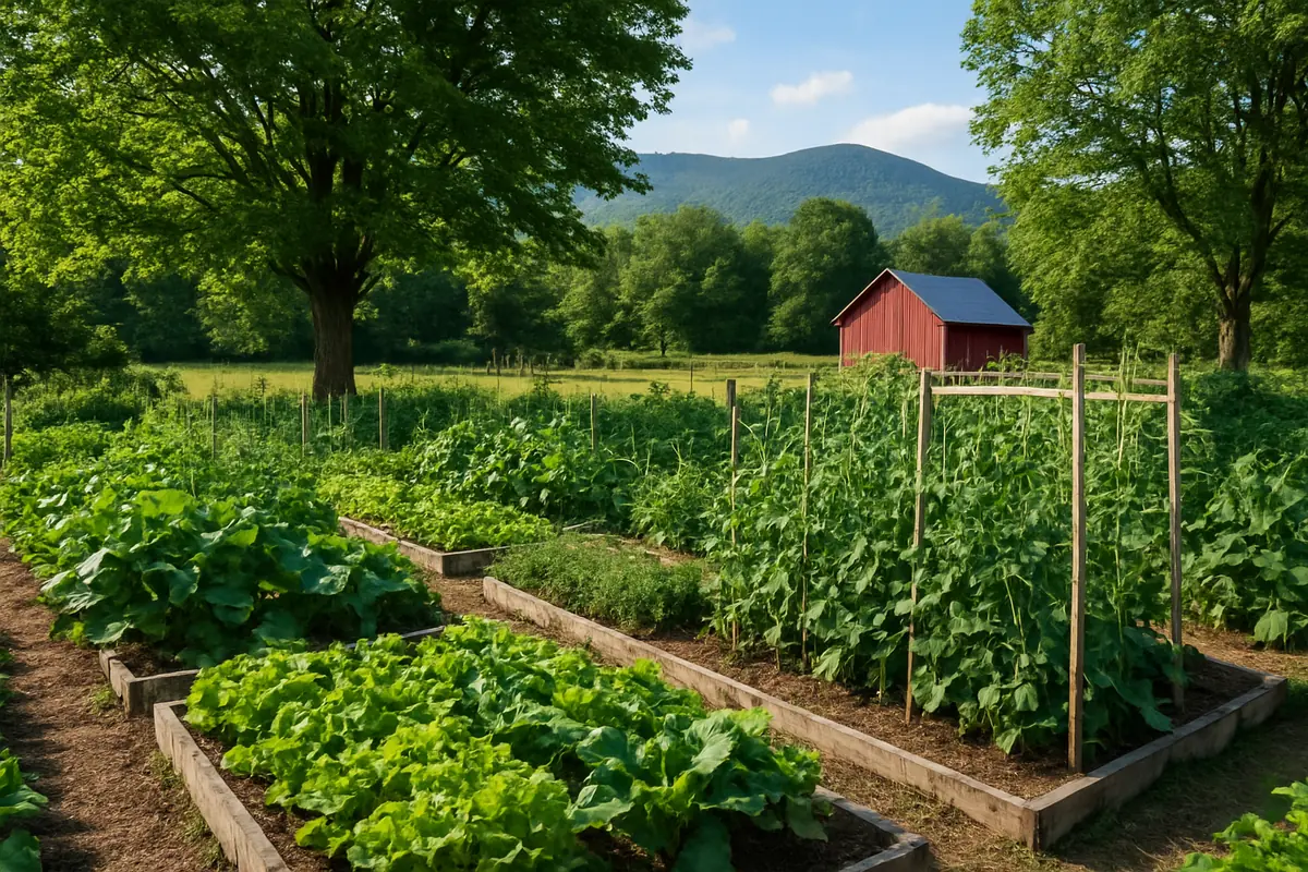 Summer vegetable beds full of peas, beans, lettuce and squash in a backyard garden in Vermont, with maples, a red barn and green mountains