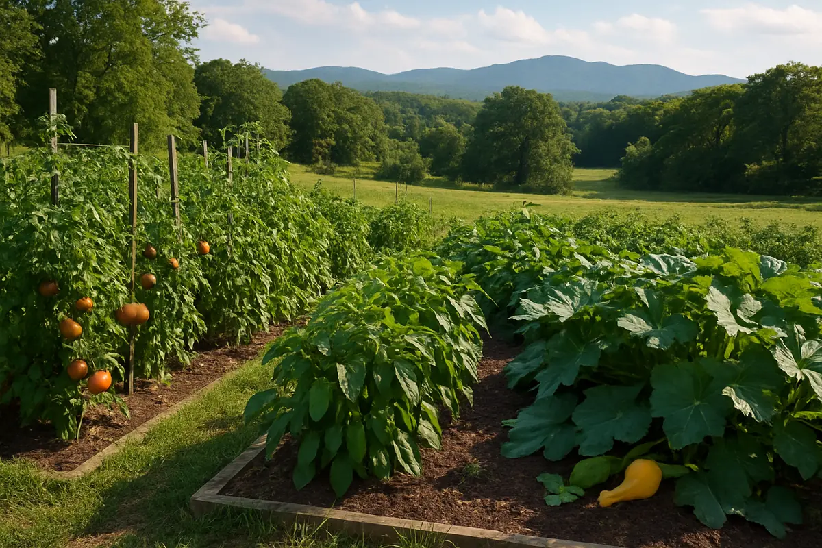 Summer vegetable beds full of tomatoes, beans, peppers and squash in a backyard garden in the Virginia countryside, with rolling hills, hardwoods and the Blue Ridge in the distance