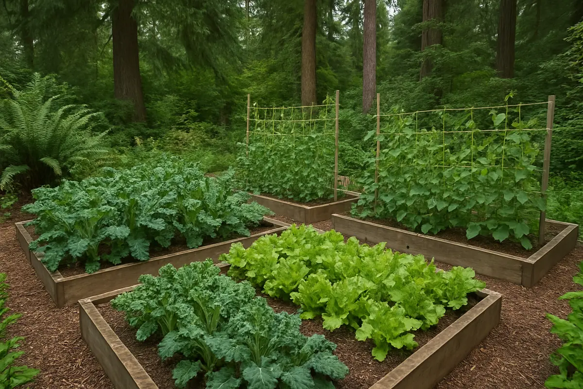 Summer vegetable beds full of kale, peas, lettuce and beans in a backyard garden in western Washington, with tall Douglas firs, ferns and soft grey light